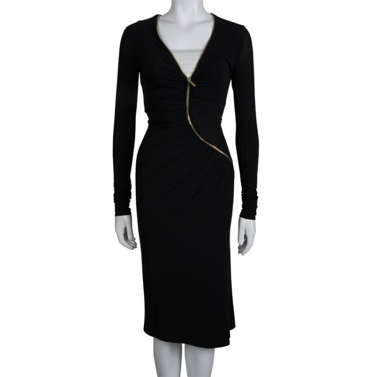 Pre Owned Roberto Cavalli Black Knit Long Sleeve Zip Detail Dress XS
