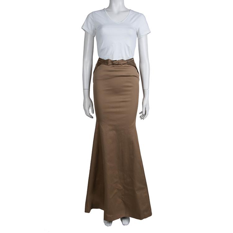 Pre Owned Roberto Cavalli Tan Brown Belted Flared Maxi Skirt S