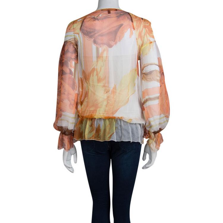 Pre Owned Roberto Cavalli Orange Printed Chiffon Sheer  Long Sleeve Blouse S