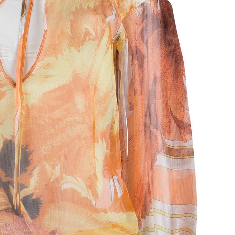 Pre Owned Roberto Cavalli Orange Printed Chiffon Sheer  Long Sleeve Blouse S