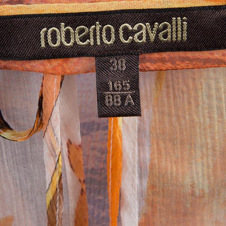 Pre Owned Roberto Cavalli Orange Printed Chiffon Sheer  Long Sleeve Blouse S