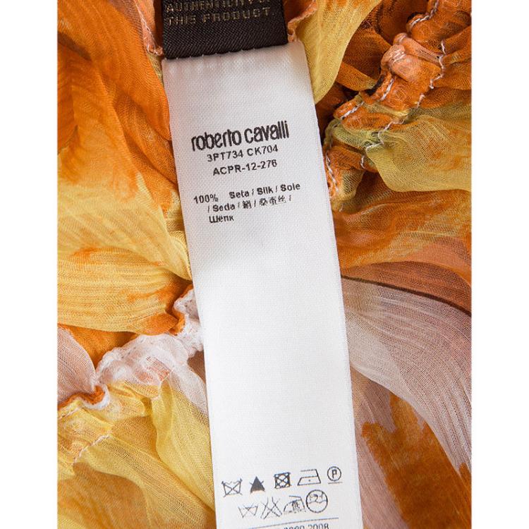 Pre Owned Roberto Cavalli Orange Printed Chiffon Sheer  Long Sleeve Blouse S