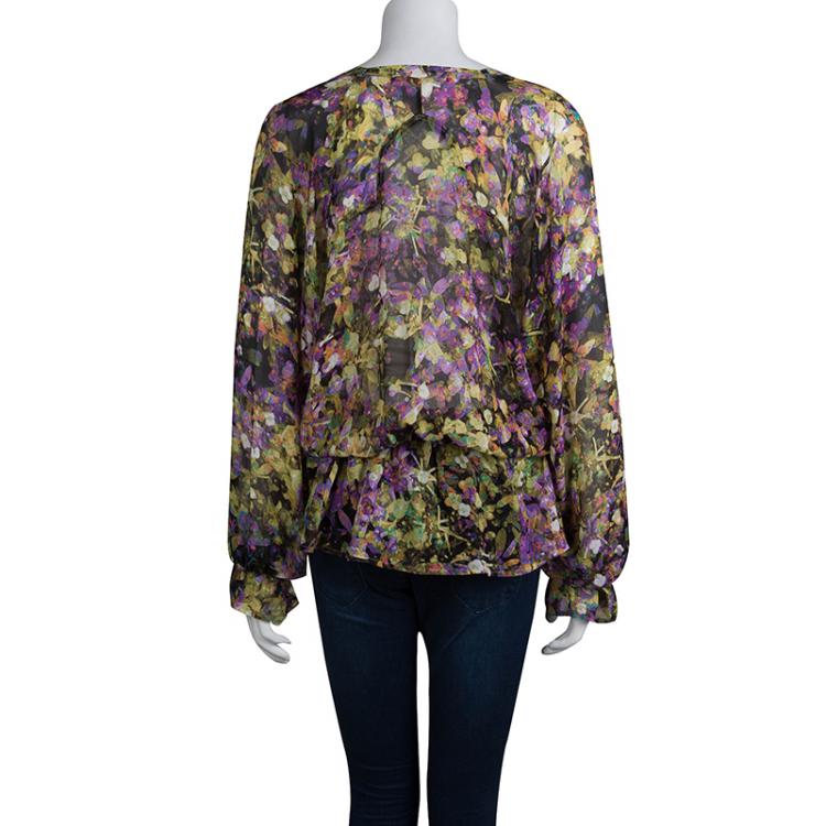 Pre Owned Roberto Cavalli Multicolor Floral Printed Sheer Silk Blouse S