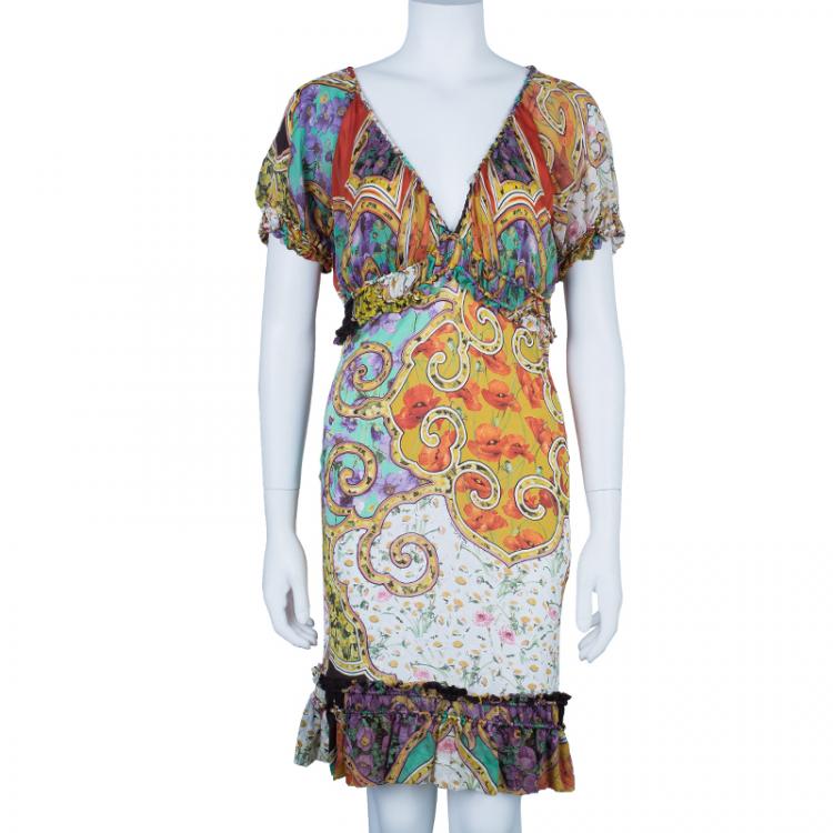 Pre Owned Roberto Cavalli Abstract Print Silk Blend Dress M