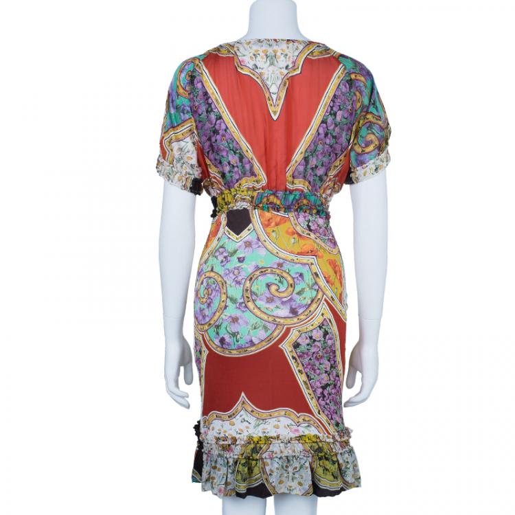 Pre Owned Roberto Cavalli Abstract Print Silk Blend Dress M