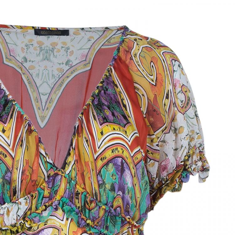 Pre Owned Roberto Cavalli Abstract Print Silk Blend Dress M