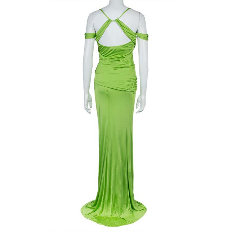 Pre Owned Roberto Cavalli Green Ruched Sleeveless Maxi Dress M