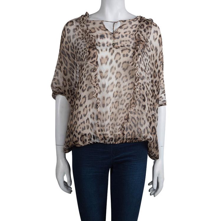 مملوكة مسبقًا Roberto Cavalli Leopard Print Sheer Silk Blouse XS