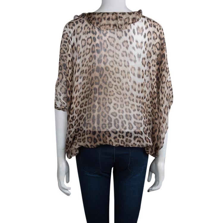 مملوكة مسبقًا Roberto Cavalli Leopard Print Sheer Silk Blouse XS
