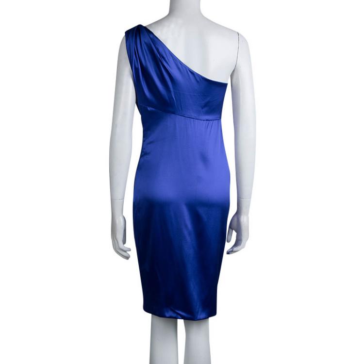 Pre Owned Roberto Cavalli Blue Silk Brooch Detail Asymmetric One Shoulder Dress M 