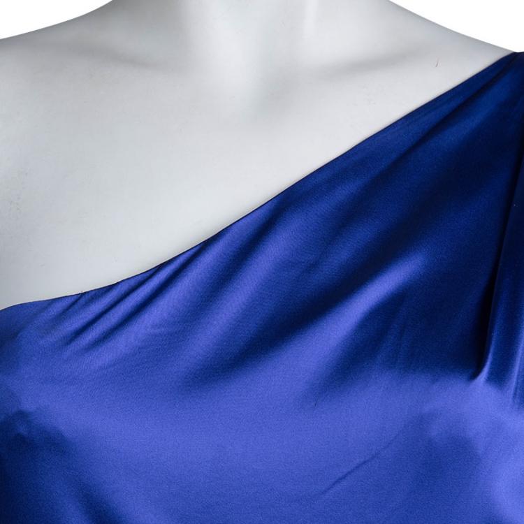 Pre Owned Roberto Cavalli Blue Silk Brooch Detail Asymmetric One Shoulder Dress M 