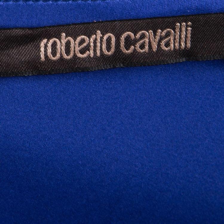 Pre Owned Roberto Cavalli Blue Silk Brooch Detail Asymmetric One Shoulder Dress M 