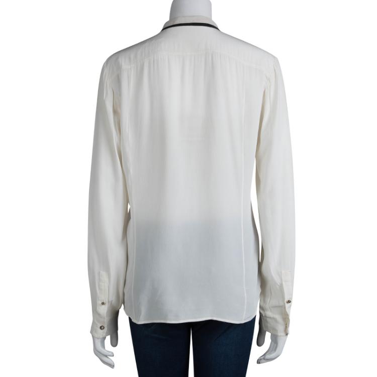 Pre Owned Roberto Cavalli Cream Silk Pintucked Lace Trim Blouse M