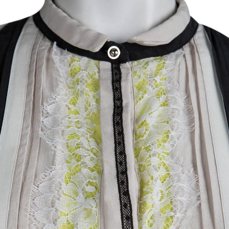 Pre Owned Roberto Cavalli Cream Silk Pintucked Lace Trim Blouse M