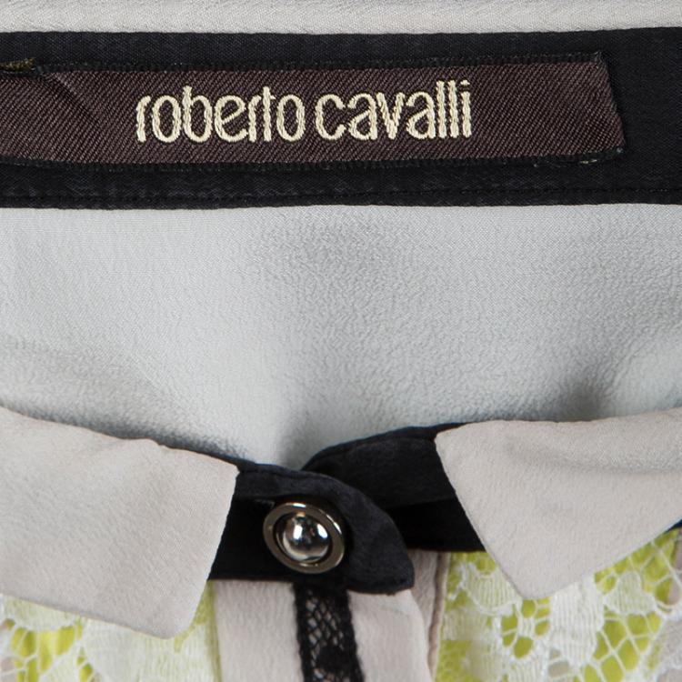 Pre Owned Roberto Cavalli Cream Silk Pintucked Lace Trim Blouse M