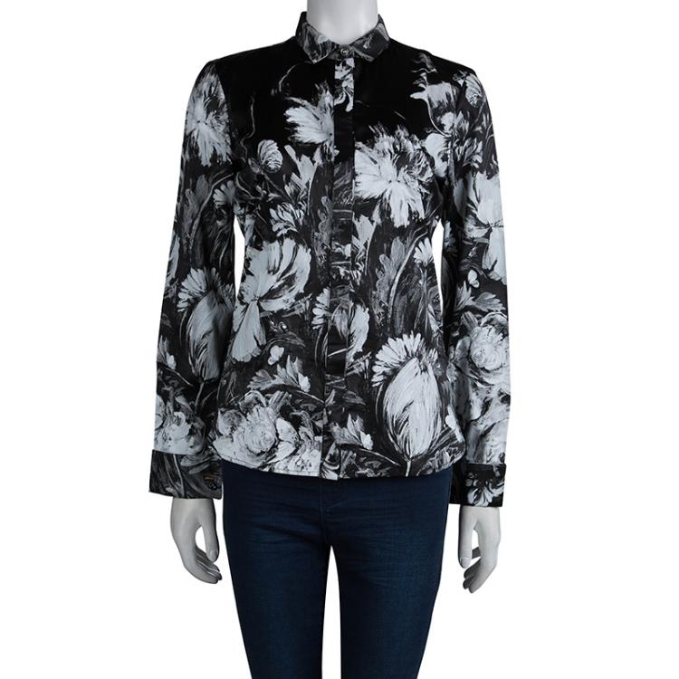 Pre Owned Roberto Cavalli Monochrome Floral Printed Silk Shirt S
