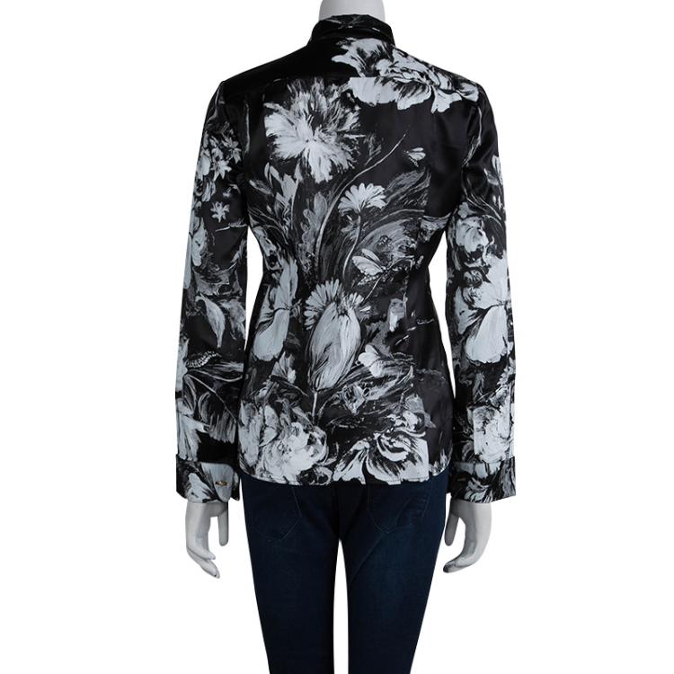 Pre Owned Roberto Cavalli Monochrome Floral Printed Silk Shirt S