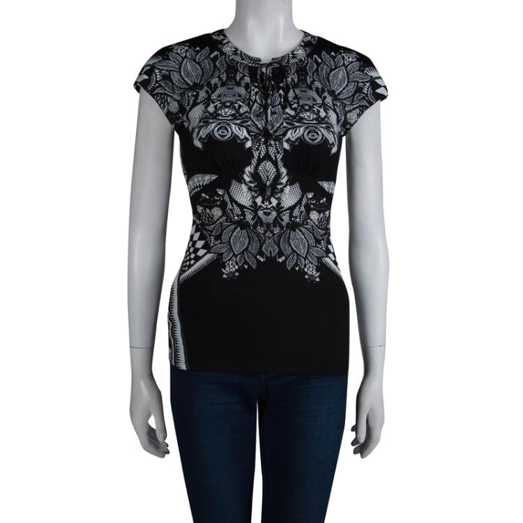 Pre Owned Roberto Cavalli Monochrome Silk Printed Top S