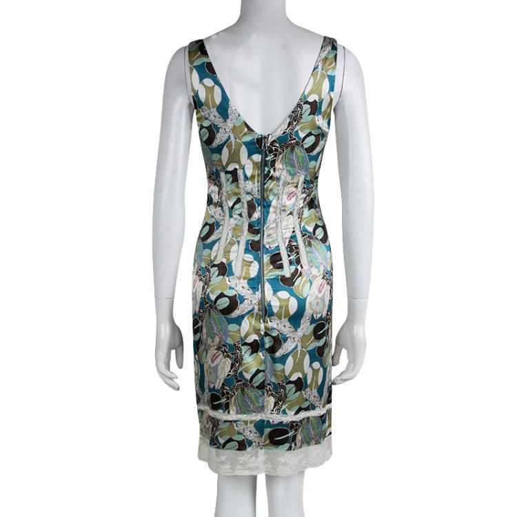 Pre Owned Roberto Cavalli Multicolored Printed Silk Lace Insert Sleeveless Dress S