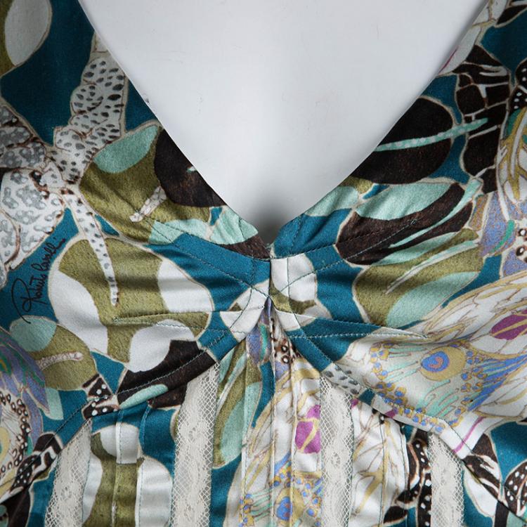 Pre Owned Roberto Cavalli Multicolored Printed Silk Lace Insert Sleeveless Dress S