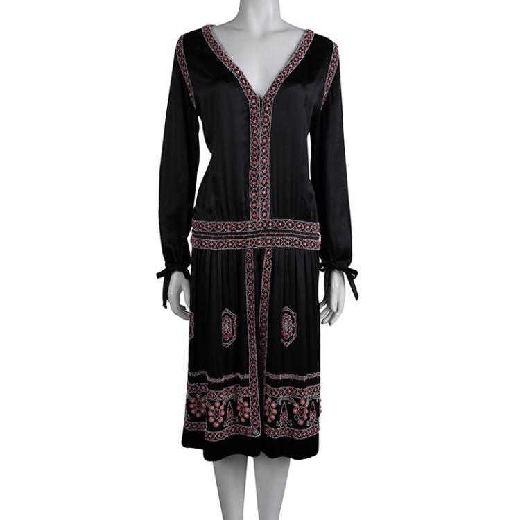 Pre Owned Roberto Cavalli Black Silk Embellished Long Sleeve Dress M