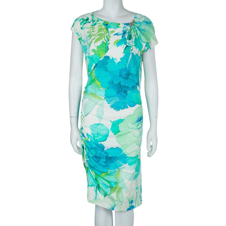 Pre Owned Roberto Cavalli White Floral Print Cap Sleeve Knit Dress L