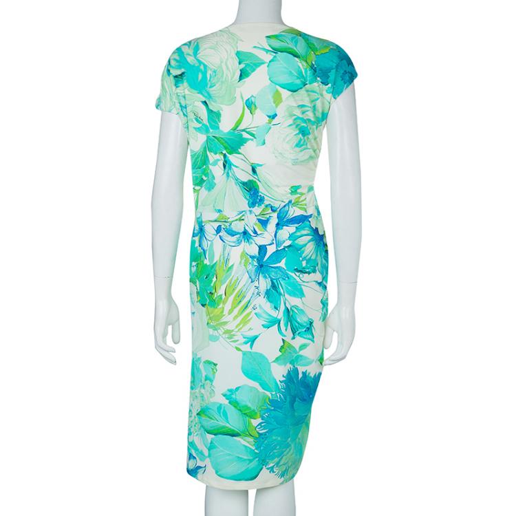 Pre Owned Roberto Cavalli White Floral Print Cap Sleeve Knit Dress L