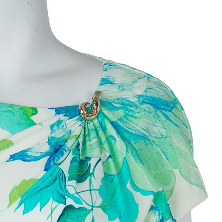 Pre Owned Roberto Cavalli White Floral Print Cap Sleeve Knit Dress L