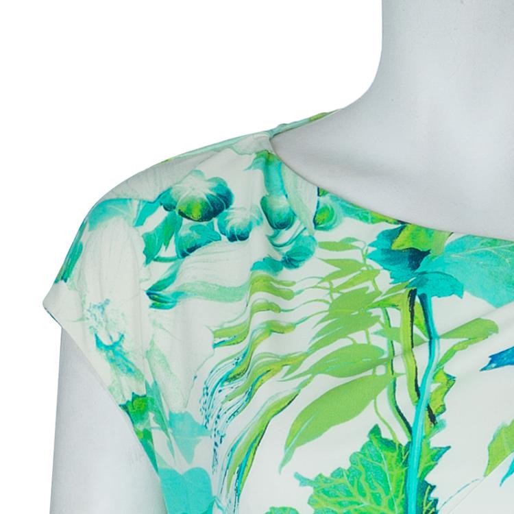 Pre Owned Roberto Cavalli White Floral Print Cap Sleeve Knit Dress L