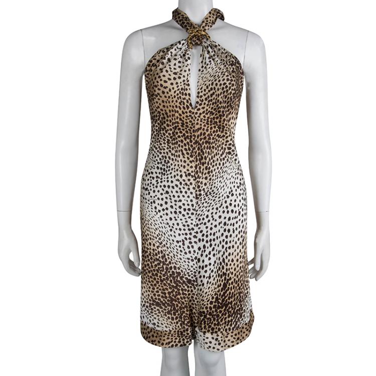 Pre Owned Roberto Cavalli Leopard Print Brooch Detail Halter Dress S