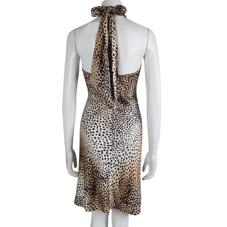 Pre Owned Roberto Cavalli Leopard Print Brooch Detail Halter Dress S
