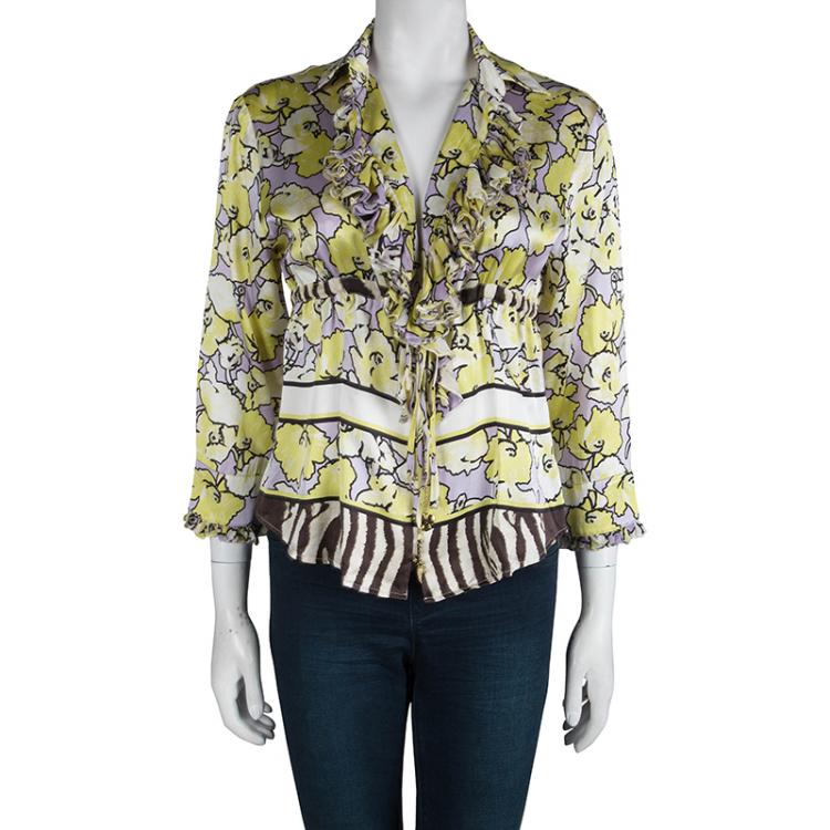 Pre Owned Roberto Cavalli Floral Printed Silk Ruffle Detail Long Sleeve Blouse M 