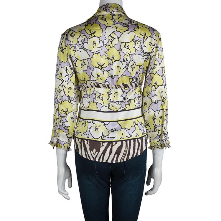 Pre Owned Roberto Cavalli Floral Printed Silk Ruffle Detail Long Sleeve Blouse M 