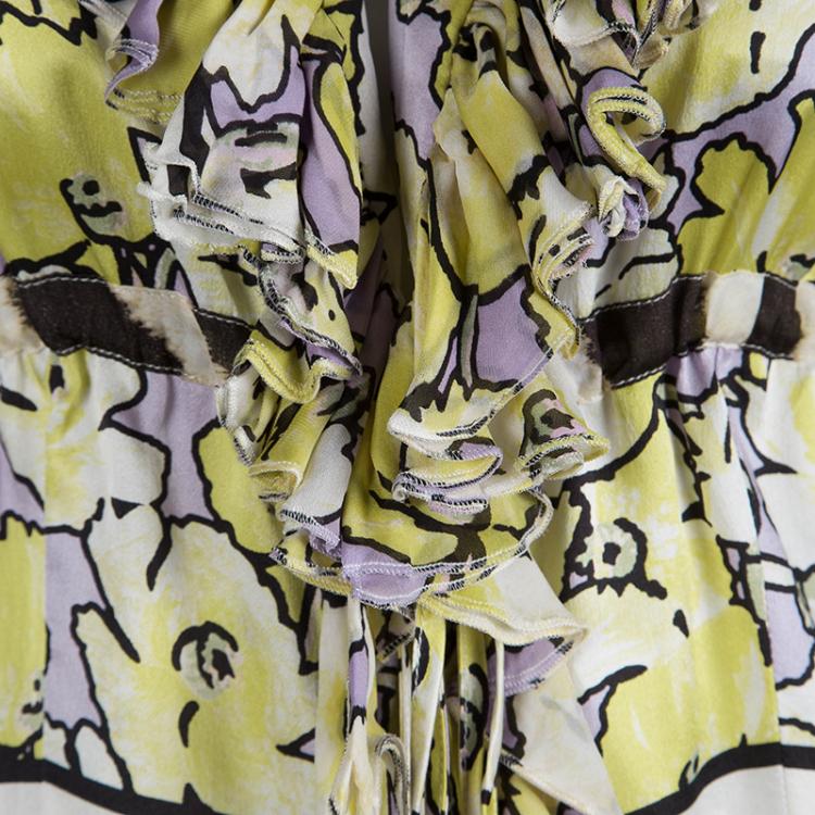 Pre Owned Roberto Cavalli Floral Printed Silk Ruffle Detail Long Sleeve Blouse M 