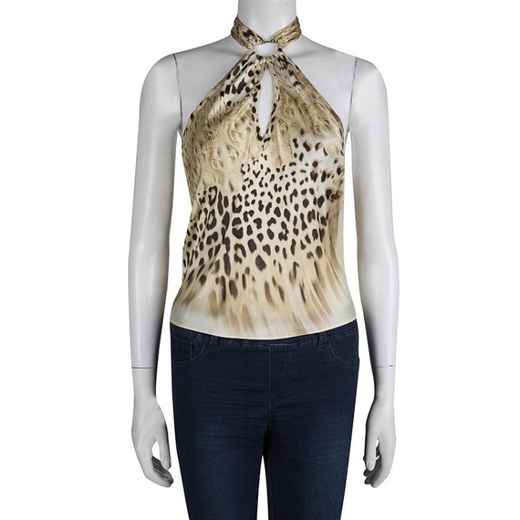 Pre Owned Roberto Cavalli Beige Silk Animal Print Halter Top XS