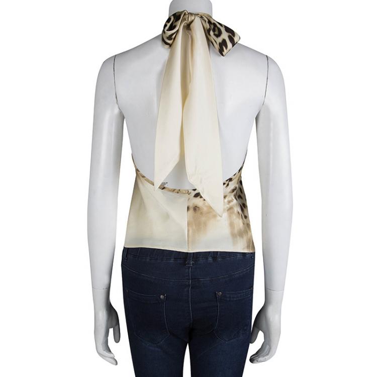 Pre Owned Roberto Cavalli Beige Silk Animal Print Halter Top XS