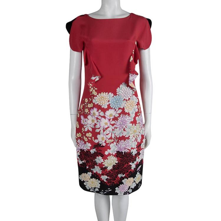 Pre Owned Roberto Cavalli Red Floral Printed Silk Ruffle Detail Dress M