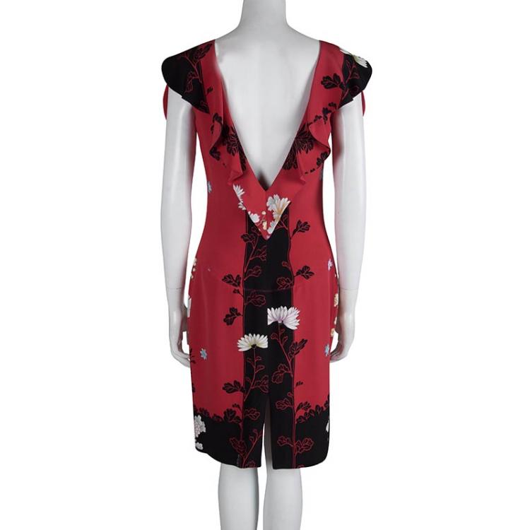 Pre Owned Roberto Cavalli Red Floral Printed Silk Ruffle Detail Dress M