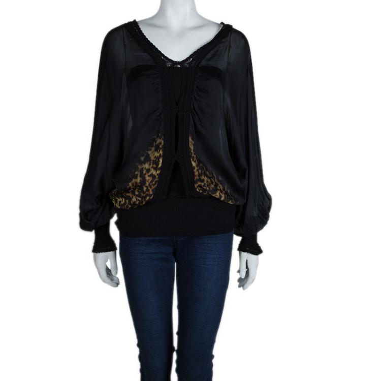 Pre Owned Roberto Cavalli Black Animal Print Long Sleeve Silk Blouse M