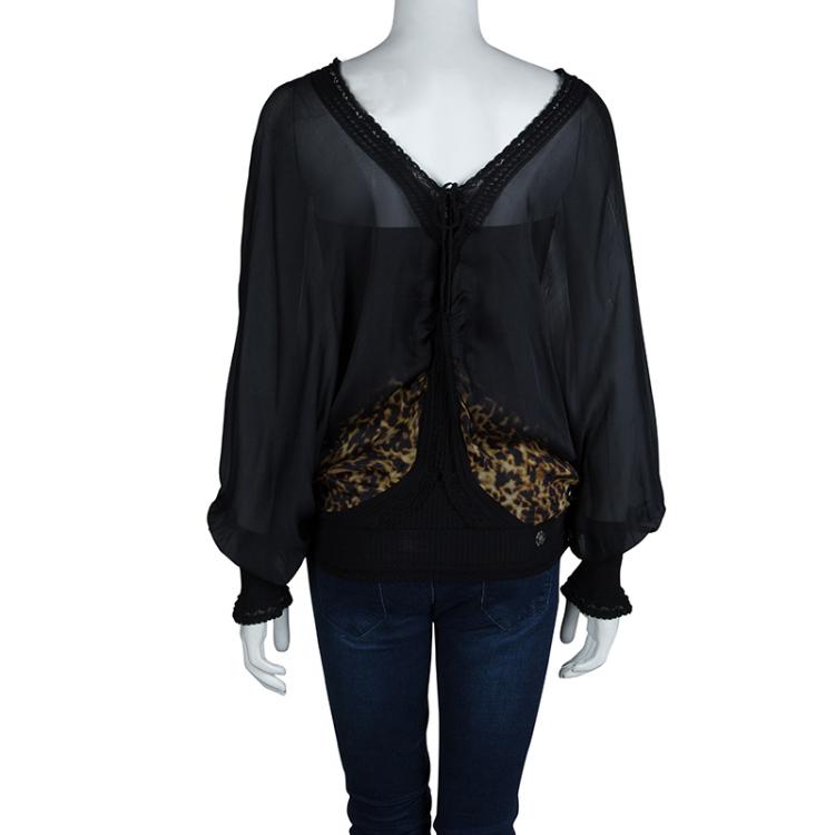Pre Owned Roberto Cavalli Black Animal Print Long Sleeve Silk Blouse M