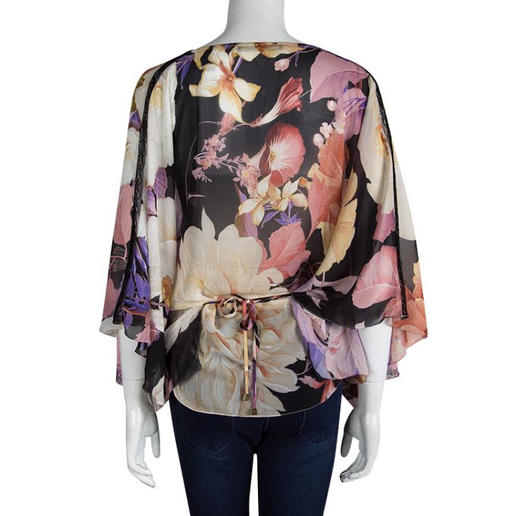 Pre Owned Roberto Cavalli Floral Printed Tie Detail Top M