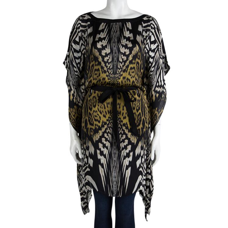 مملوكة مسبقًا Roberto Cavalli Animal Printed Silk Tie Detail Kaftan S