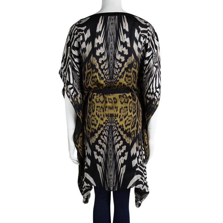 مملوكة مسبقًا Roberto Cavalli Animal Printed Silk Tie Detail Kaftan S