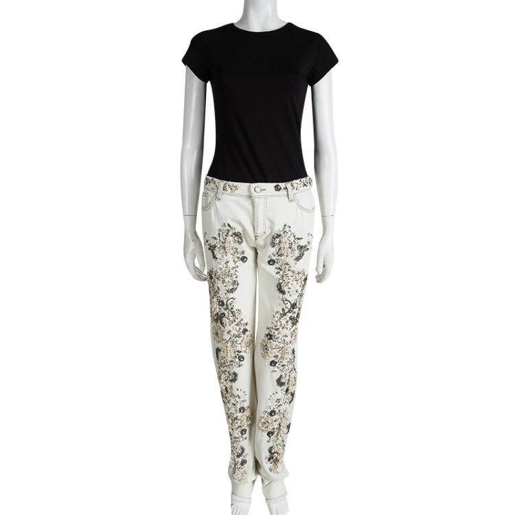 Pre Owned Roberto Cavalli Off White Demin Embellished Boot Cut Jeans L