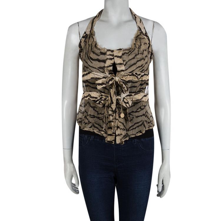 Pre Owned Roberto Cavalli Brown Printed Silk Tie Detail Sheer Top M