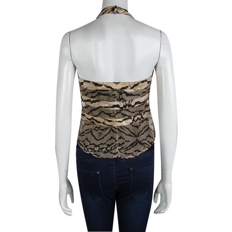Pre Owned Roberto Cavalli Brown Printed Silk Tie Detail Sheer Top M