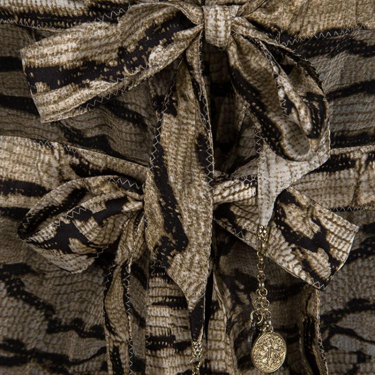 Pre Owned Roberto Cavalli Brown Printed Silk Tie Detail Sheer Top M