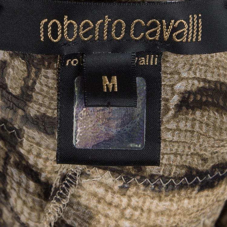 Pre Owned Roberto Cavalli Brown Printed Silk Tie Detail Sheer Top M
