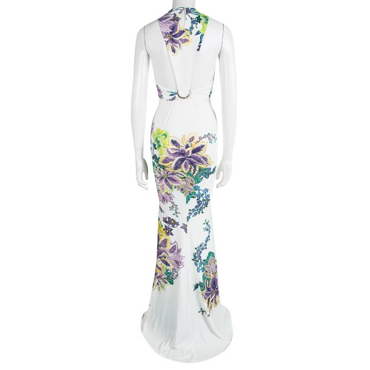 Pre Owned Roberto Cavalli White Floral Print Gown S