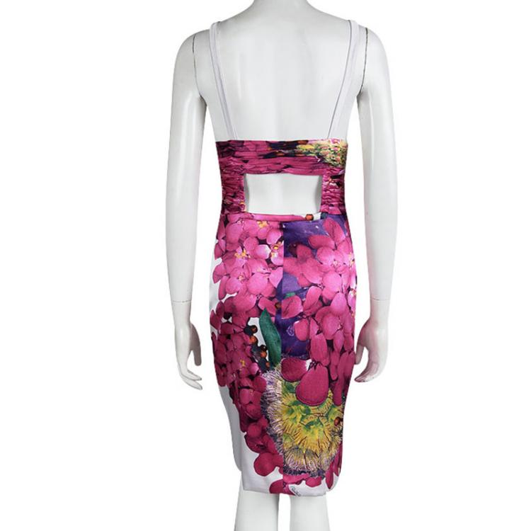 Pre Owned Roberto Cavalli Pink Floral Printed Silk Sleeveless Dress S